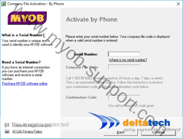 activate your myob file by phone