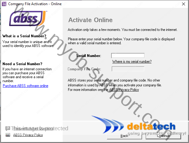 activate your abss (myob) company file online