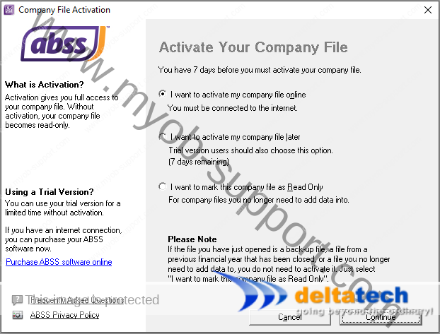 activate or confirm your abss (myob) company file