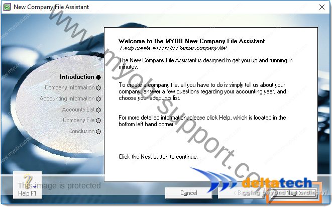 layar selamat datang asisten file perusahaan baru myob