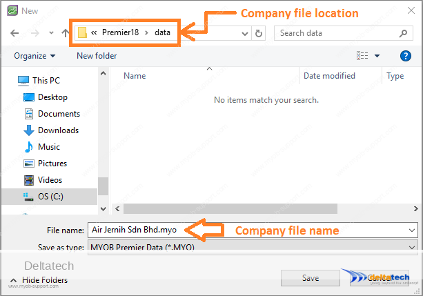 myob create new file - file location